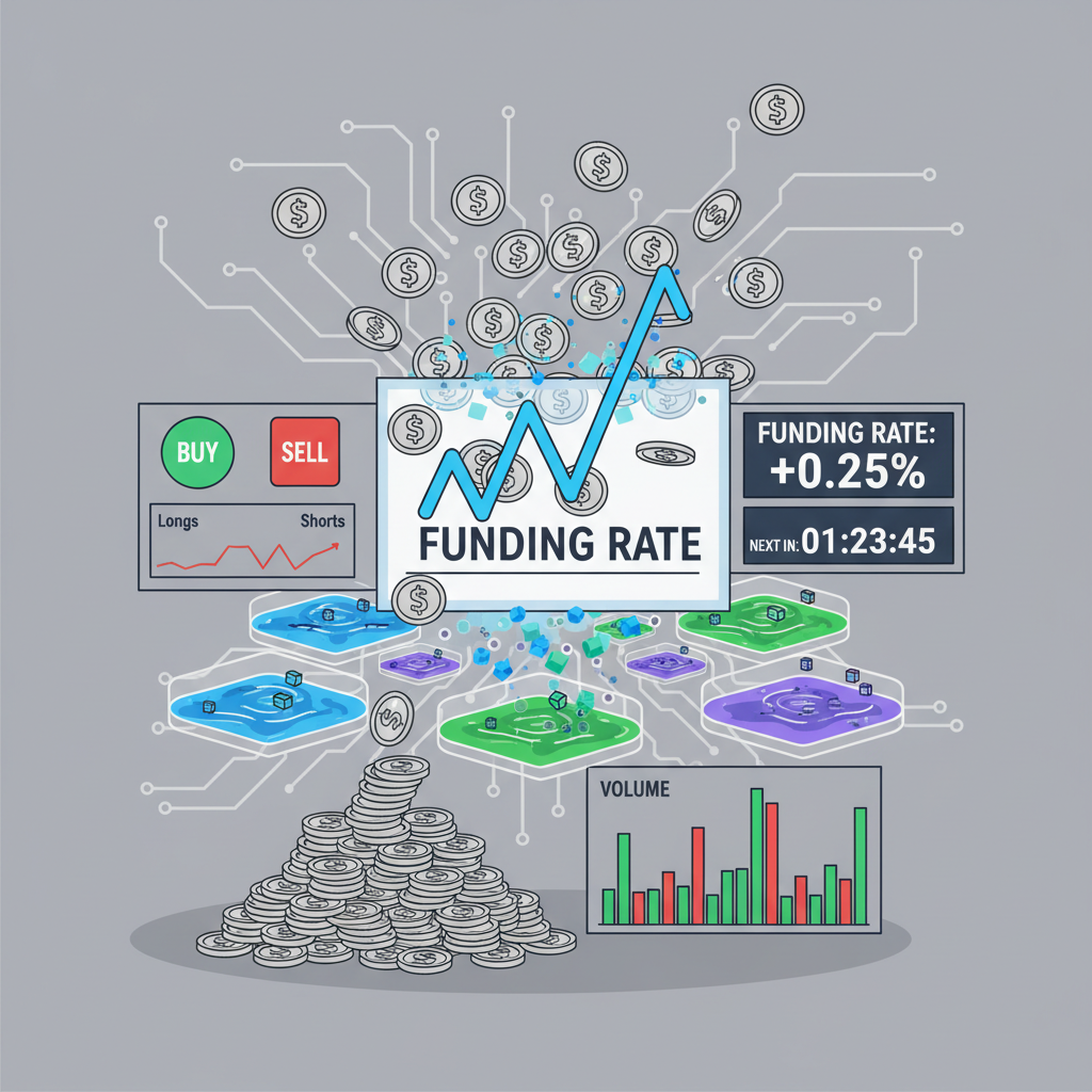 funding rate graph exploding with silver coins and liquidity pools, dynamic trading dashboard