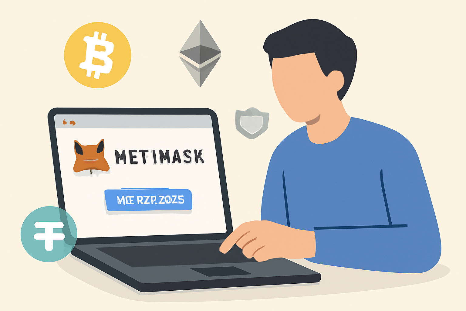 A person installing MetaMask wallet extension on a laptop, digital crypto icons in the background