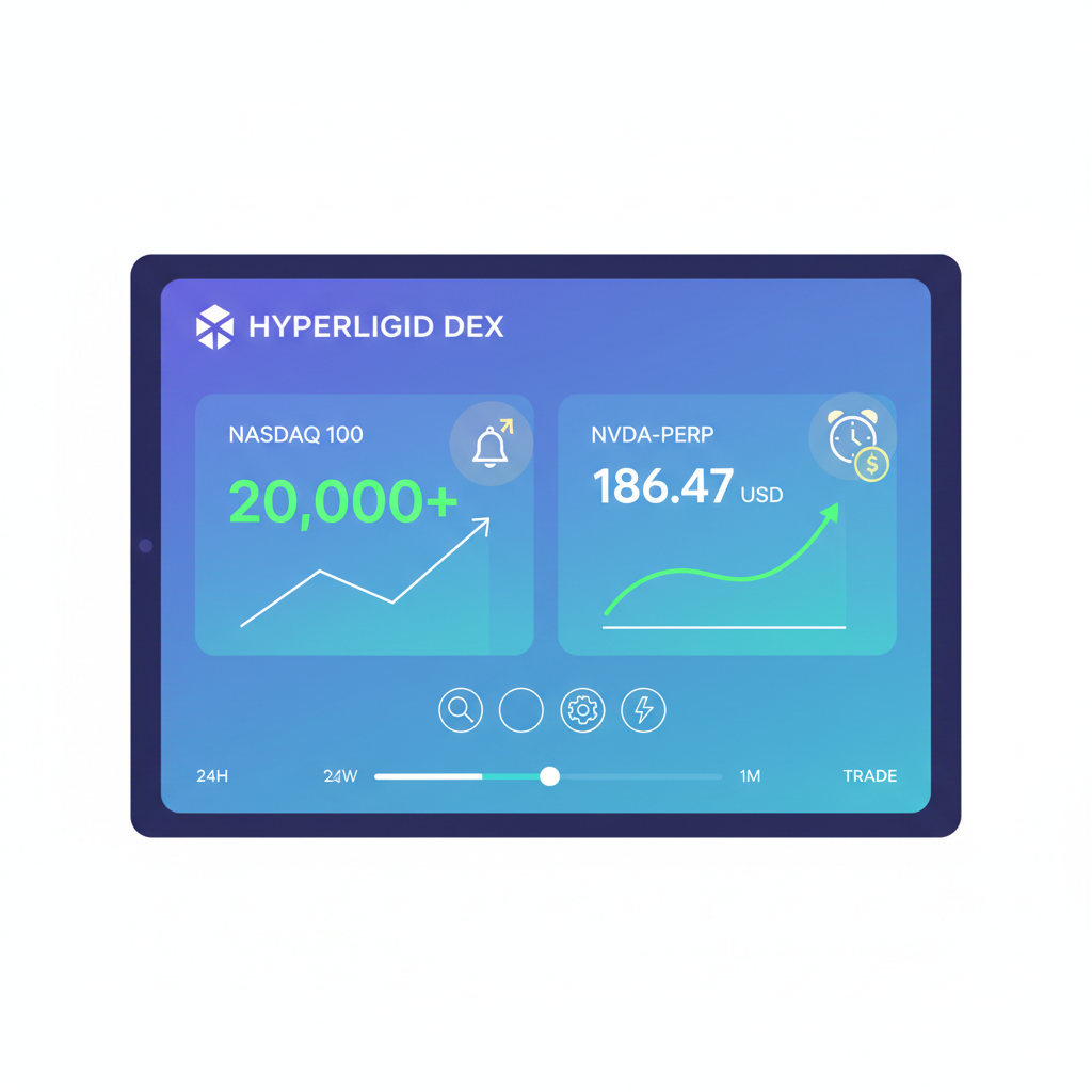 futuristic trading dashboard on Hyperliquid DEX monitoring Nasdaq 100 over 20k and NVDA-PERP at $186.47 with alert icons