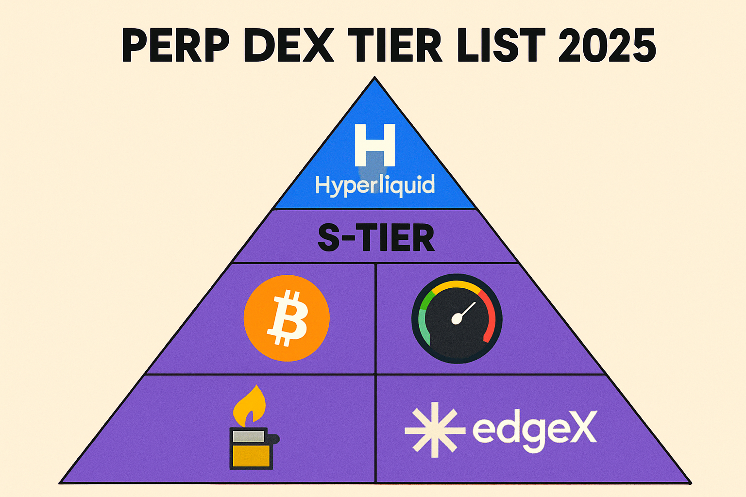 2025 Perp DEX Tier List pyramid infographic S-to-C tiers, Hyperliquid S-tier top with BTC perp icons, speedometers, featuring Lighter Aster edgeX dYdX competitors for fastest BTC perps trading