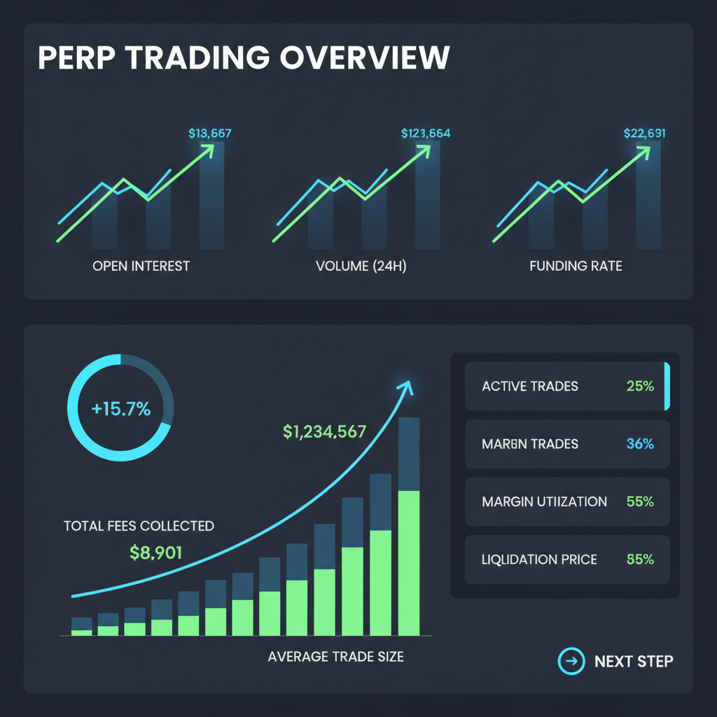 dashboard monitoring perp trading stats, rising graphs and fees, dark mode UI