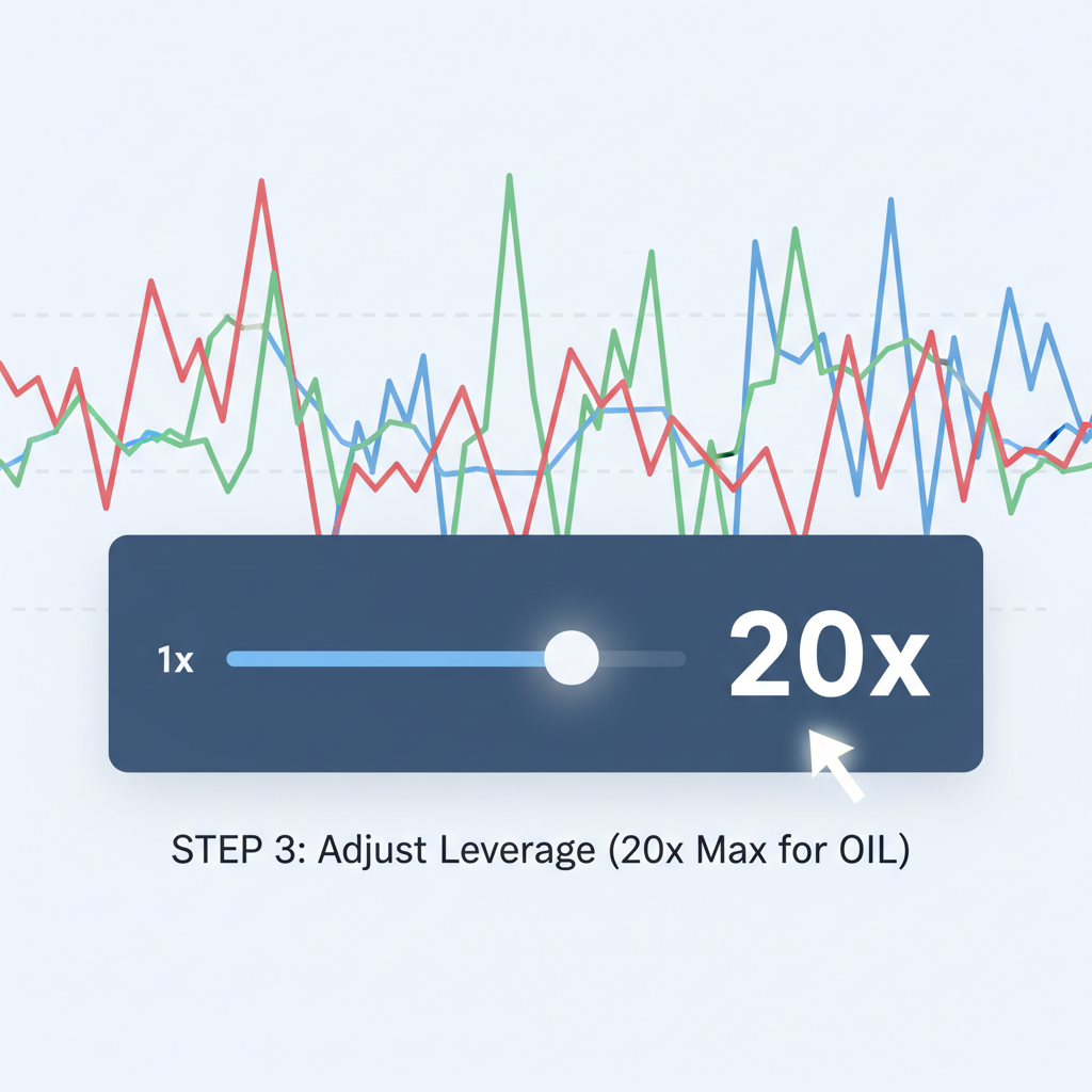 leverage slider on trading platform set to 20x, oil price chart background volatile