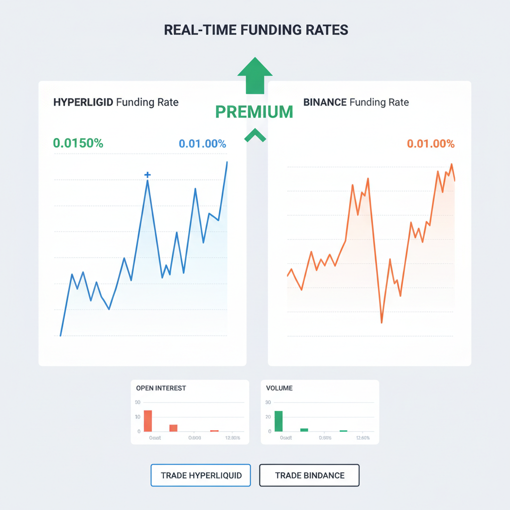 clean dashboard with real-time charts of Hyperliquid and Binance funding rates, green premium arrows, crypto trading interface