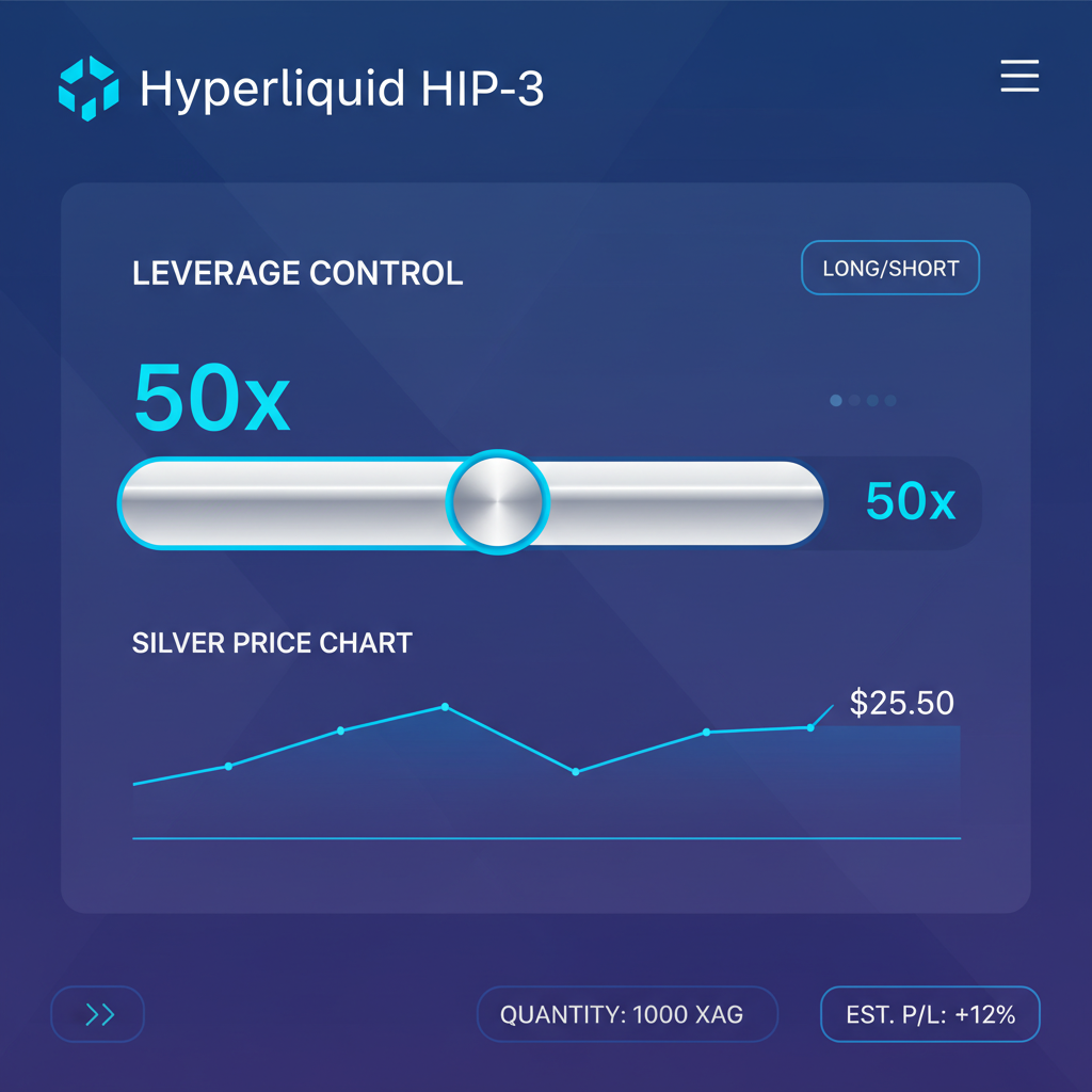 high-tech leverage control slider at 50x on Hyperliquid HIP-3 interface, silver price chart at $25.50, futuristic UI