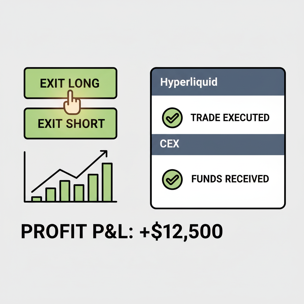 exit trade buttons pressed, profit P&L chart positive, checkmarks on Hyperliquid and CEX screens