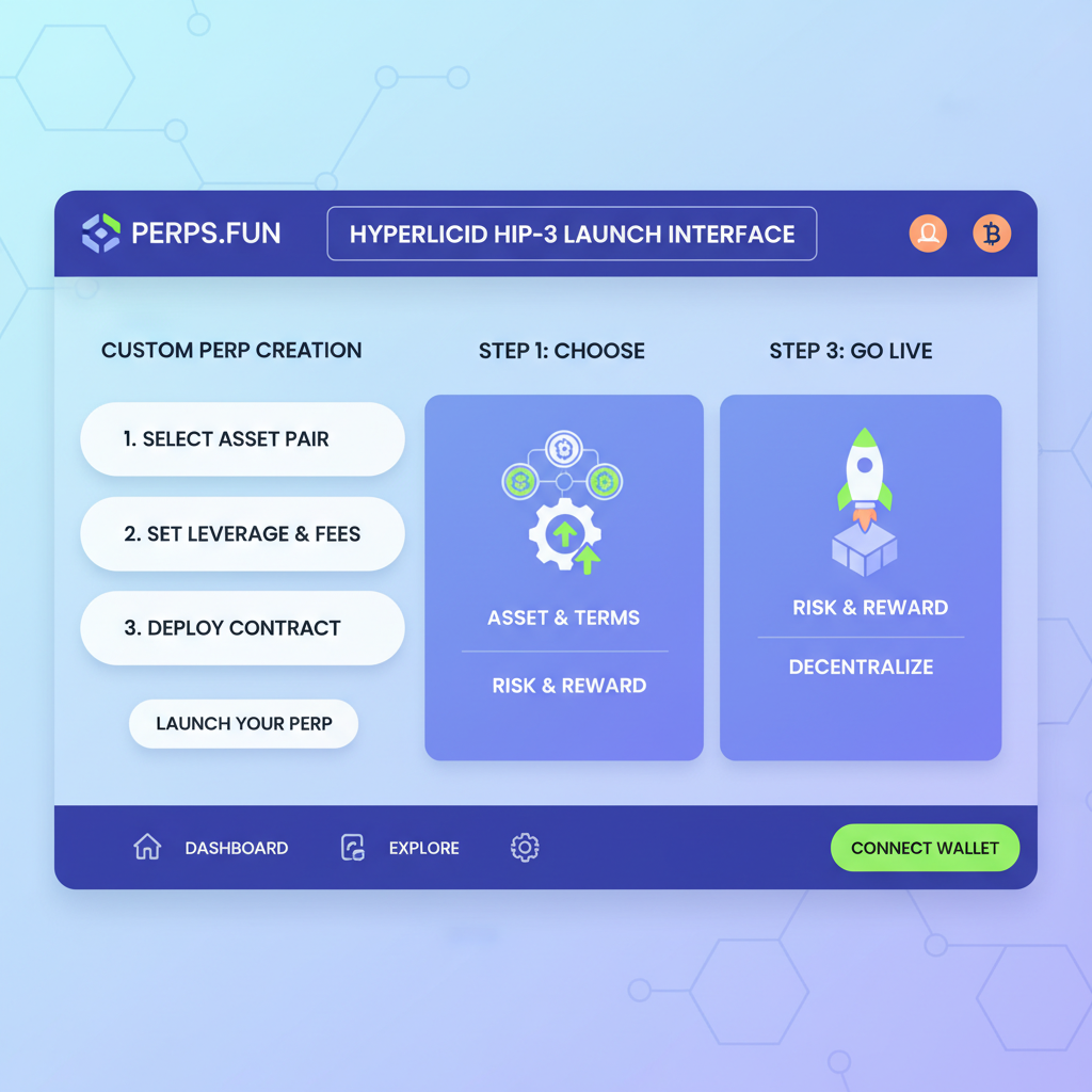 Perpsdotfun website dashboard, Hyperliquid HIP-3 launch interface, clean web3 design, buttons for custom perp creation