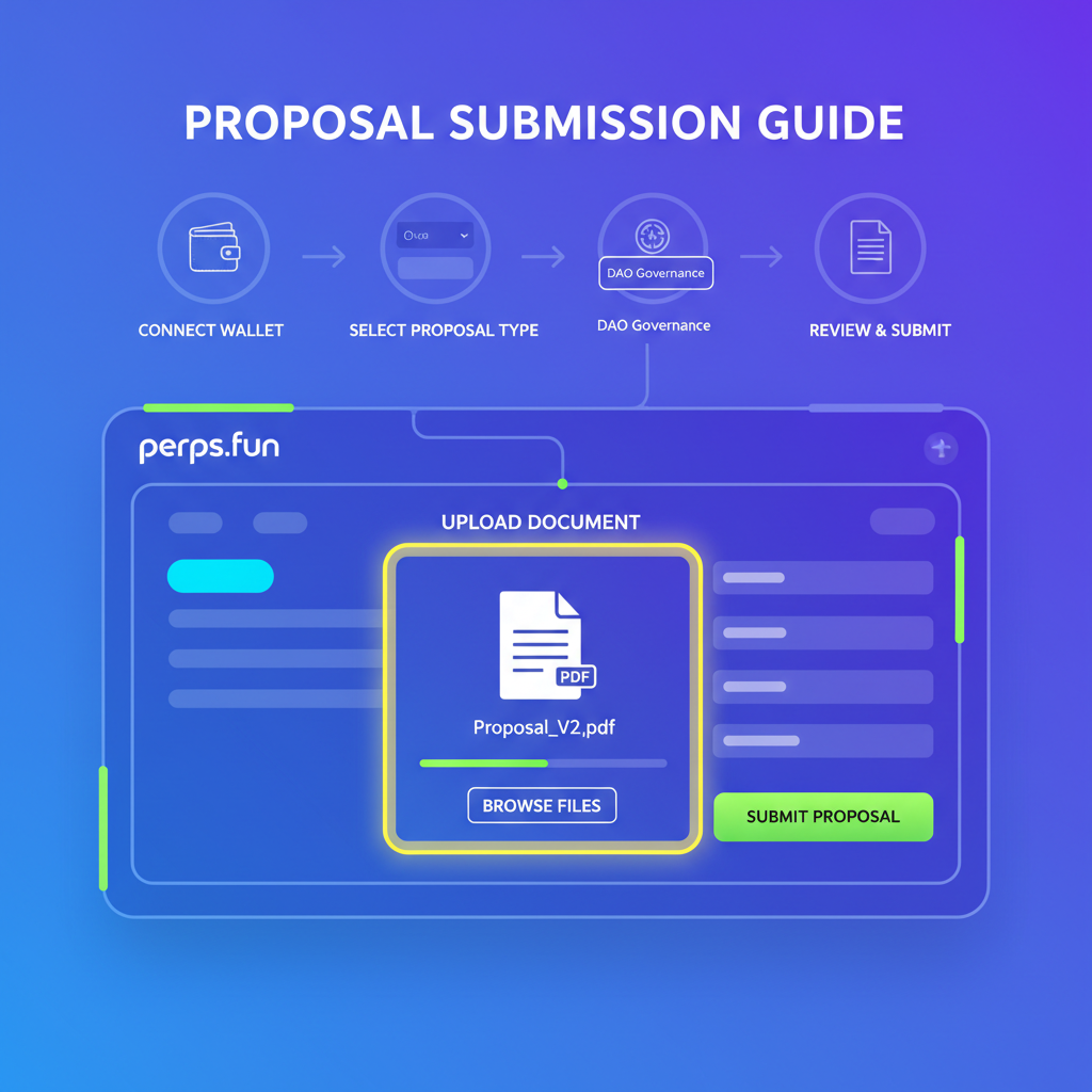 sleek web form submission on perps.fun dashboard, proposal document highlighted, vibrant UI, modern crypto interface