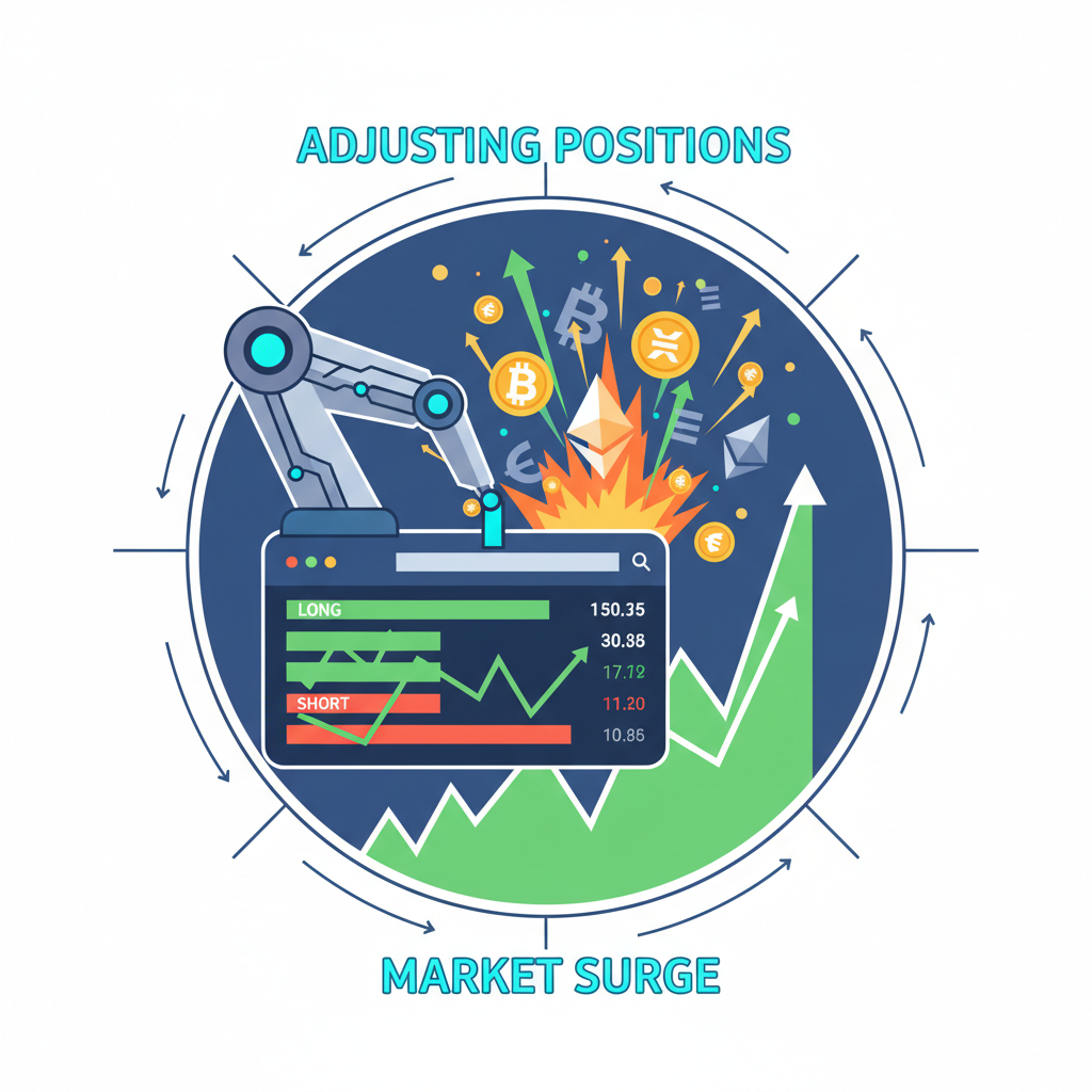 automated trading bot adjusting positions on Hyperliquid DEX, explosive market surge visuals