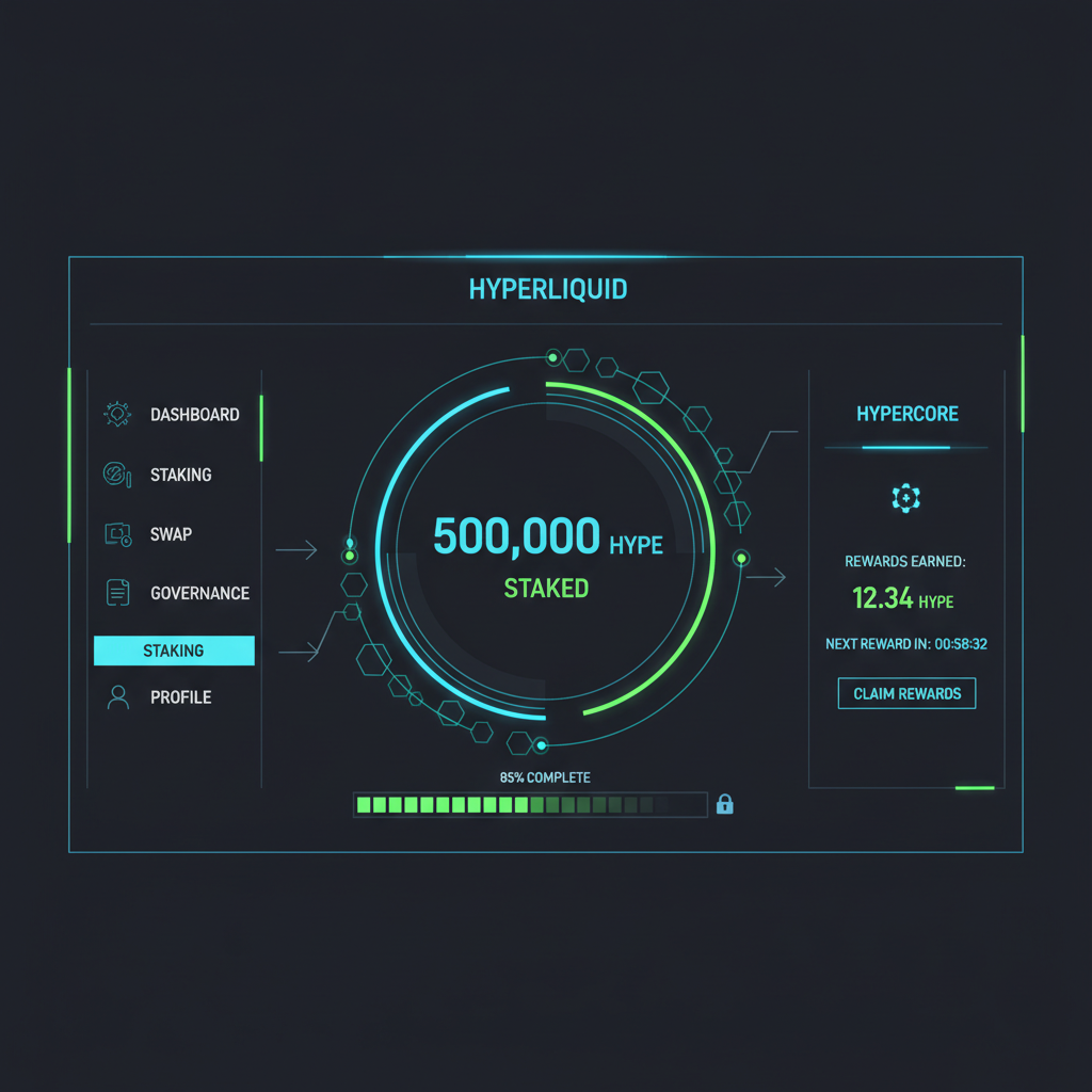 sleek Hyperliquid HyperCore dashboard staking 500k HYPE tokens, futuristic UI neon blues greens crypto staking animation