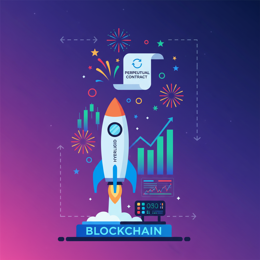 rocket launching a perpetual contract, Hyperliquid blockchain, fireworks and charts rising, vibrant launch scene