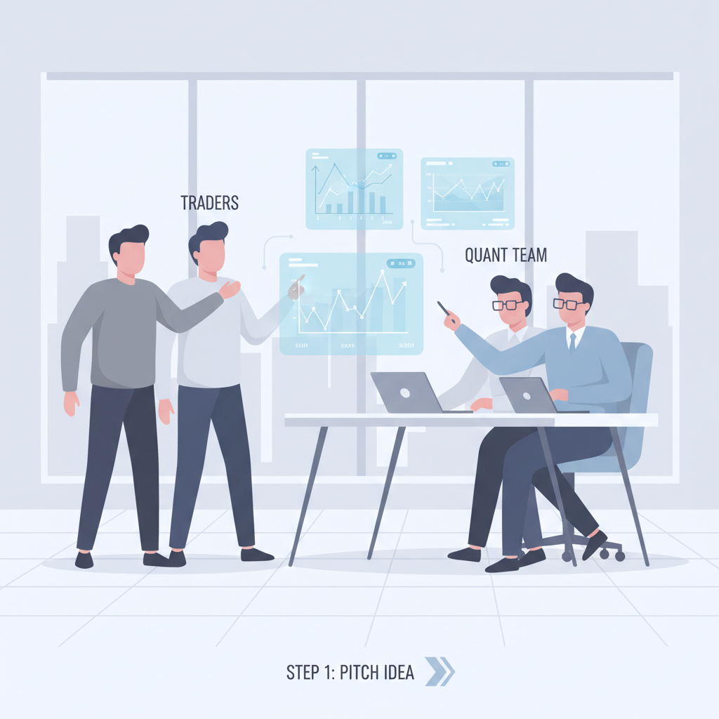 traders pitching ideas to quant team, holographic charts flying