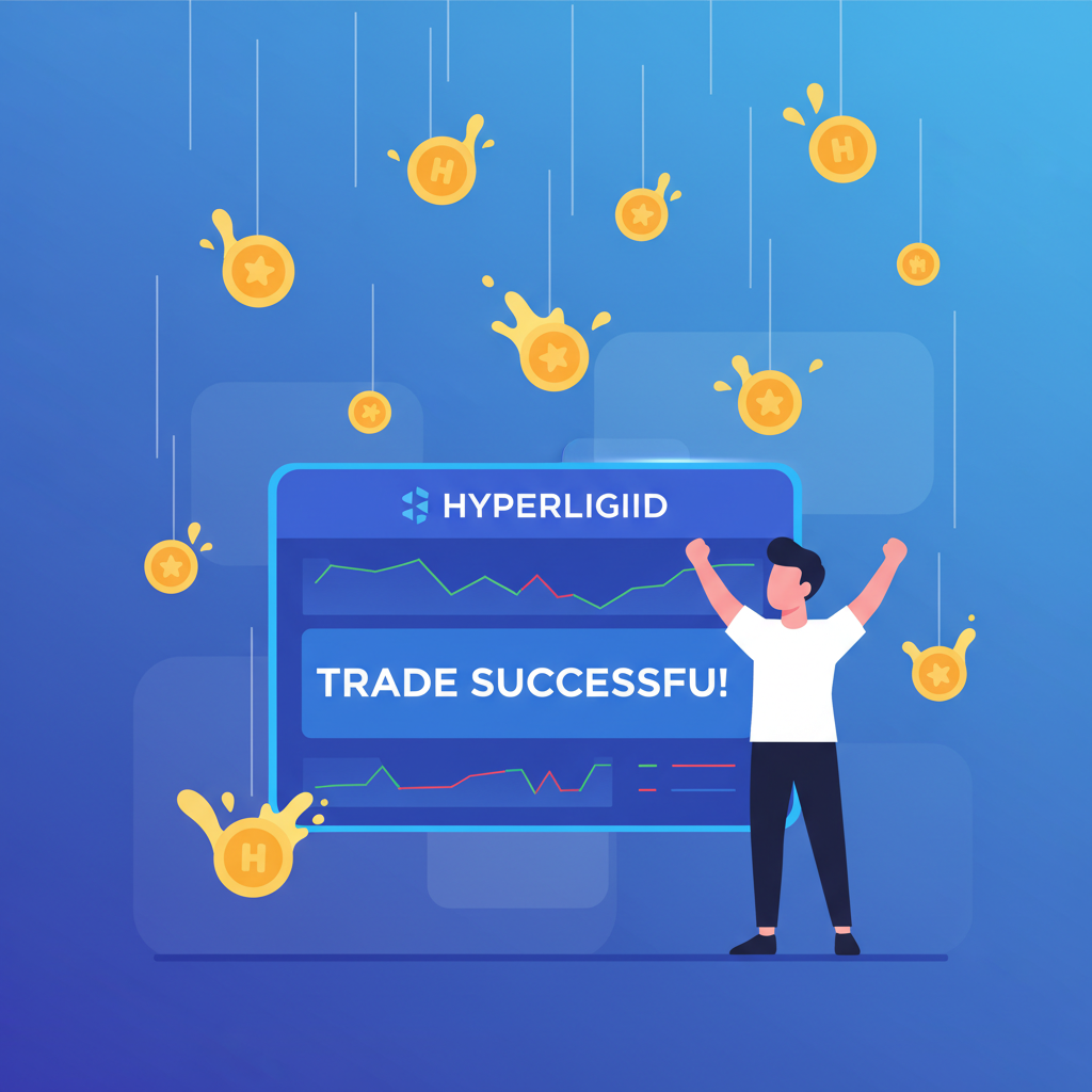 gold coins raining on Hyperliquid trading screen, victory pose