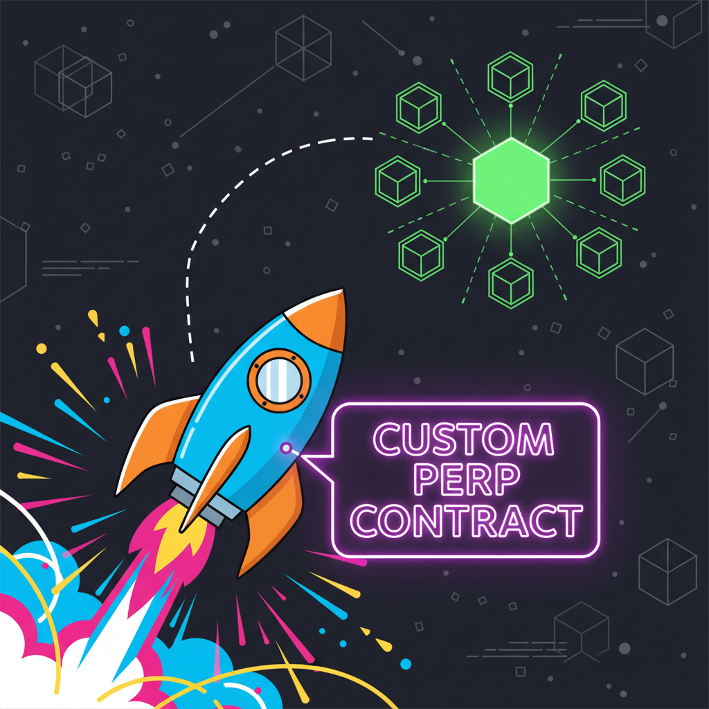 rocket launching custom perp contract into blockchain space, explosive neon effects